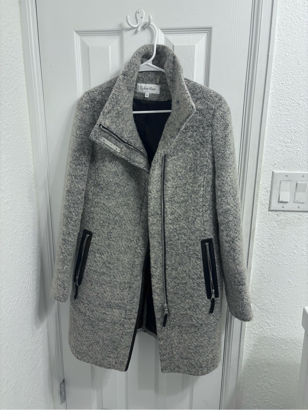 Calvin Klein Women's Light Gray Textured Wool-Blend Pea Coat